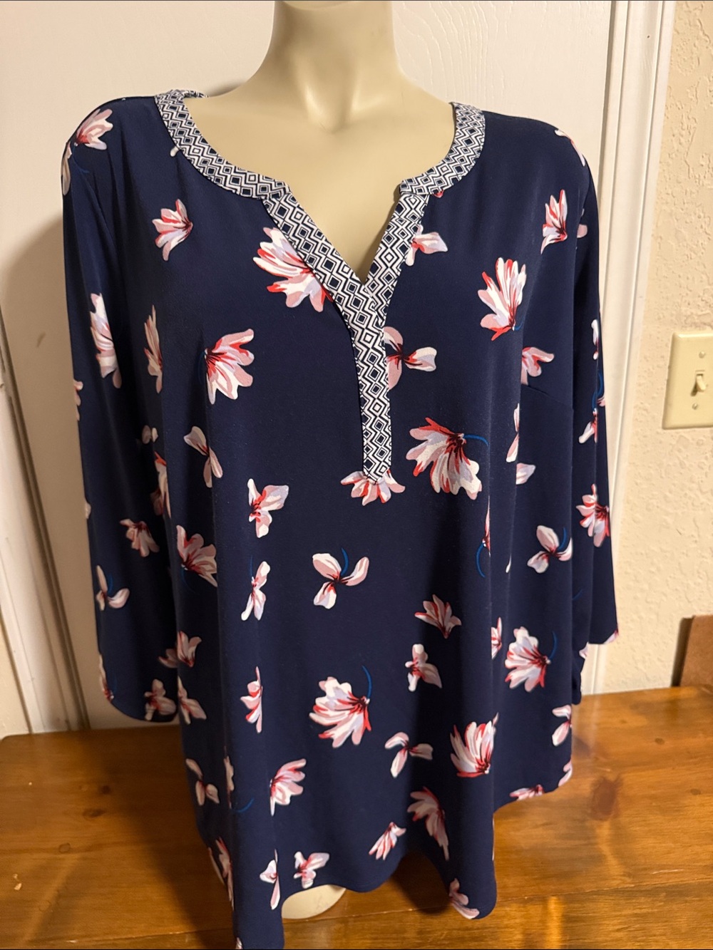 41 Hawthorn Navy Floral Split-Neck Tunic with Geometric Trim